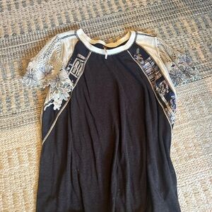 Free People Black Tee with Cream Lace & Blue Floral Accent